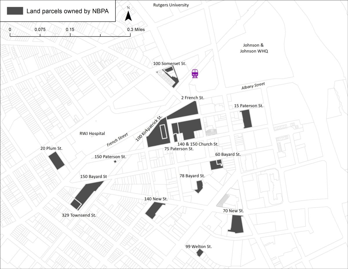 map of land parcels owned by New Jersey Parking Authority in New Brunswick, NJ