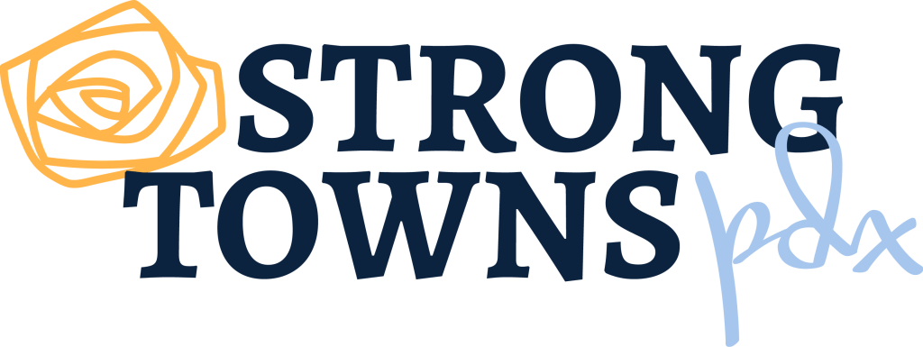 Strong Towns Portland Logo: Two lines, on the first one we have a doddle drowing resembeling a flower in yellow color; following by the word Strong in upper case and in a strong bold typography. Second line (down)the word Towns in the same typography. Both are in blue color. Next, the letters pdx in lower case in a cursive typography in a lighter blue. 