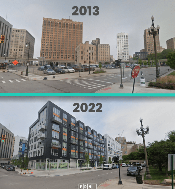 before and after picture showing a parking lot that got developped into a new midrise appartment building