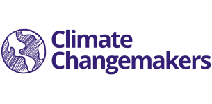 Climate Changemakers' logo: All in purple, at the left we have a drawing of the planet, the see is colored in purple and america is in white with purple contorned. The name is at the right and it is in purple typography.