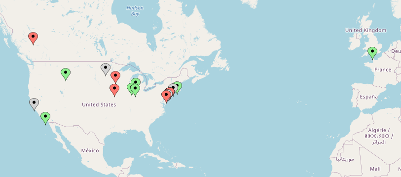 Map with colored pins for locations mentioned in the article.  Chicago is doing well!