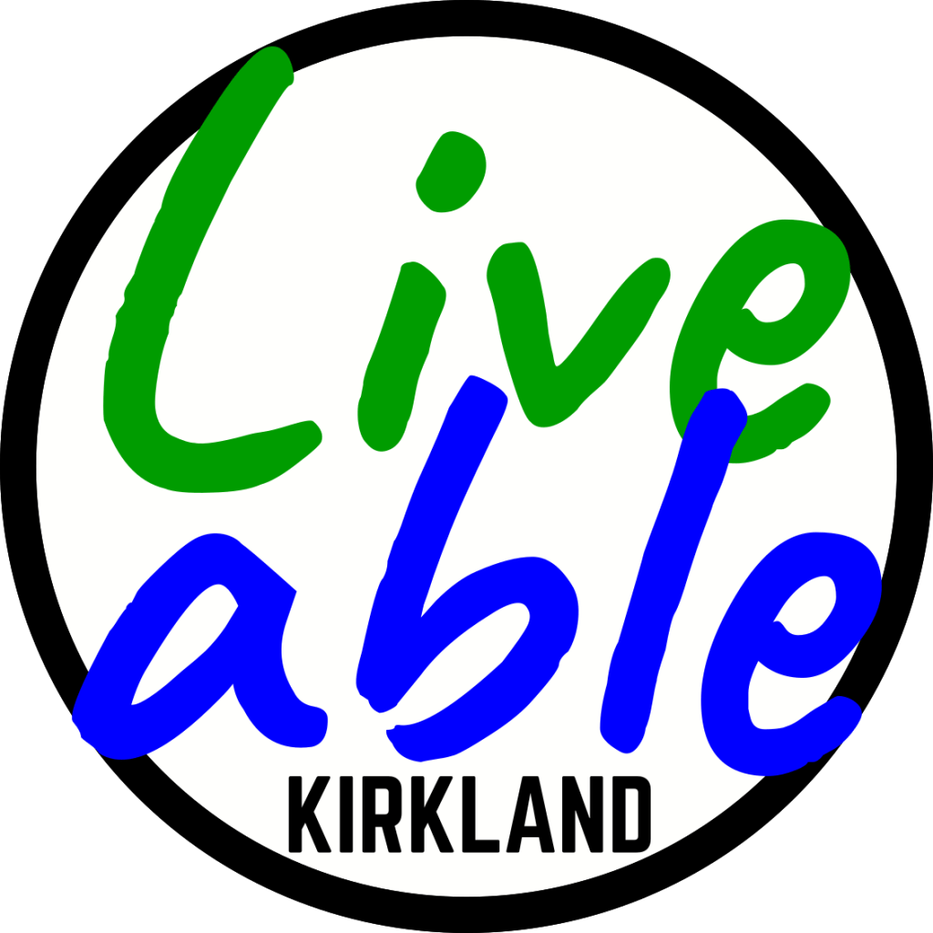 Liveable Kirkland's logo: White background, word live in green color, able in blue, both on italics and Kirkland in big bold blue letters. 