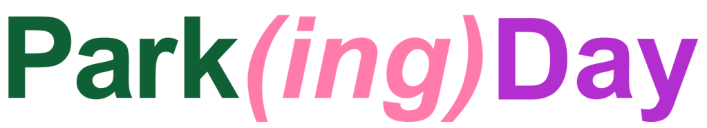 Park (ing) Day logo; Whole word in Arial bold, Park is in hard green, ing is in pink color and day is on purple