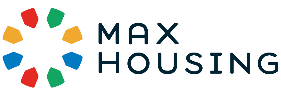 Max Housing Logo: eight tags of alternate colors (red, yellow, blue and green) in a circle. They ook like a flower. Max Housing is besides on a soft typography.