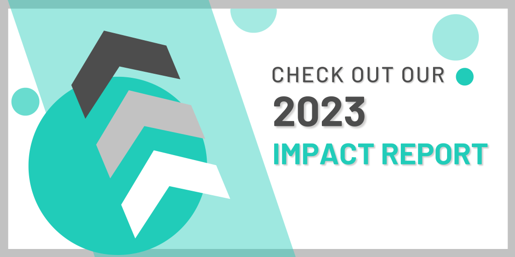 The image is a wide banner with a modern and simple design. The background is split diagonally into two sections: the larger section is mint green and the smaller is white. Prominently featured in the center is a large, abstract icon that overlaps both sections, comprising a teal circle with a chunky, stylized white checkmark over it, giving a sense of approval or completion. To the right, large, bold text reads "CHECK OUT OUR 2023 IMPACT REPORT" in a mix of dark gray and teal that matches the icon. The design is clean and minimalistic with decorative, pale circles and dots scattered around for a subtle, playful touch.