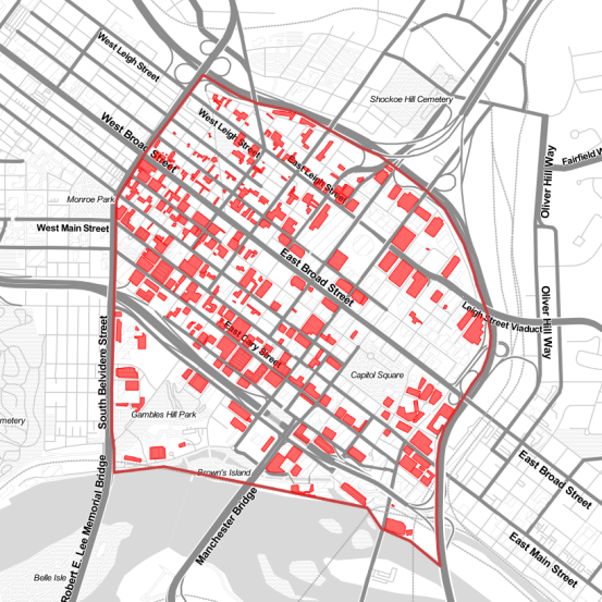 Map of Richmond, Virginia, illustrating how much land in the central area is dedicated to parking (21%)