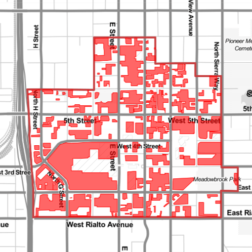Map of San Bernardino, California, illustrating how much land in the central area is dedicated to parking (49%)
