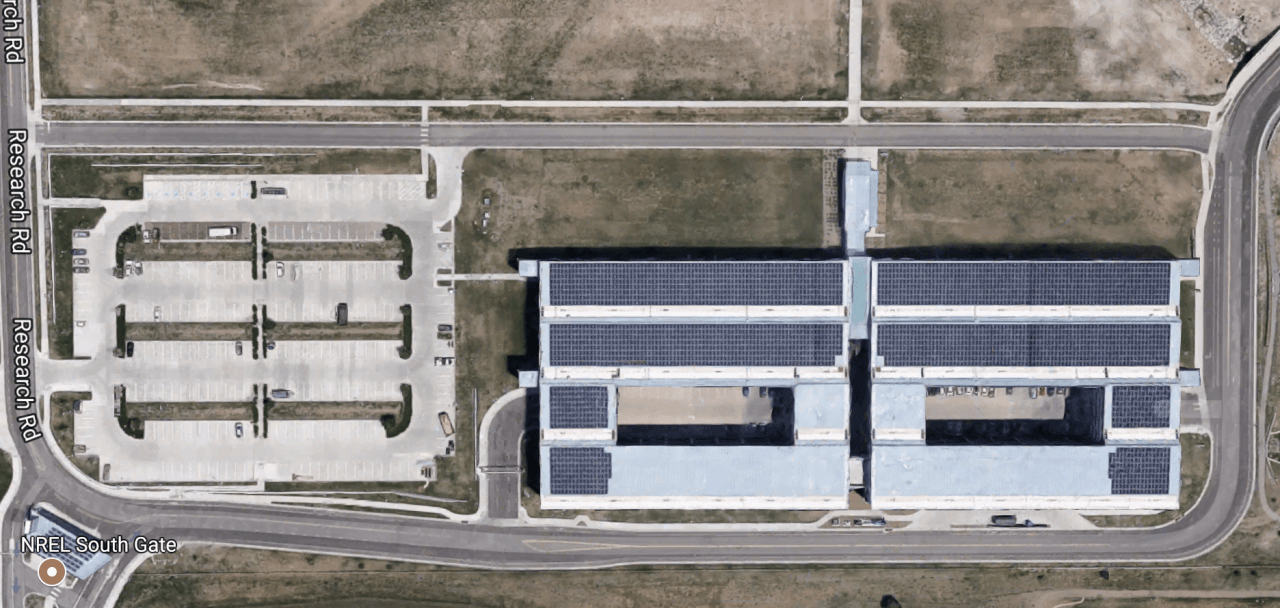 Aerial view of NREL Parking structure and adjacent surface lot (Google Maps)