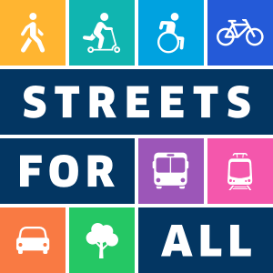 Streets for All logo: Square divided by 4 rows. On the first one we have a 4 squares. First tiny square has a person walking on a yellow background, next one has a kid on a skooter with a blue aqua background, following one is a person on a weelchair with light blue background, and the last one from this row is a bike with blue background. Next row is occupied by the word Streets in white typography and dark blue background. Next row, half of it is the word For and the next two tiny squares are filled with a bus and a train, with purple and pink backgrounds. Last row has. acar with range background, a tree with green background and the last two spaces are used by the word all. 