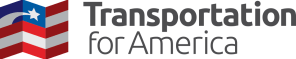 Transportation for America Logo: United states flag at the left side, but instead of having. ablue backgrown with white stars, it is. a blue background  with a white road and a white star at the end. 